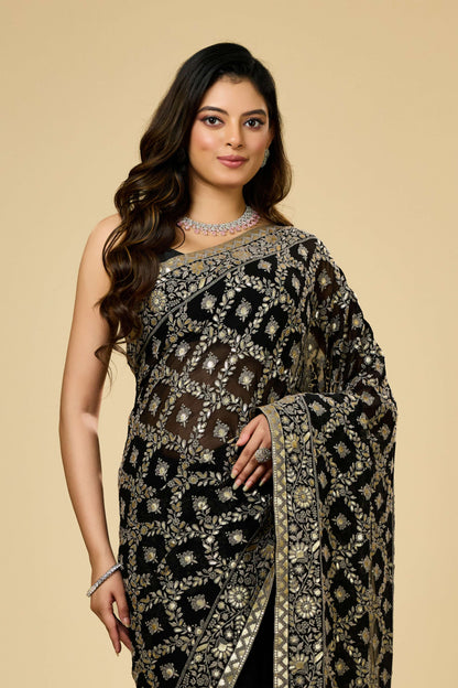 Black Lucknowi Georgette Sarees 1007-10013