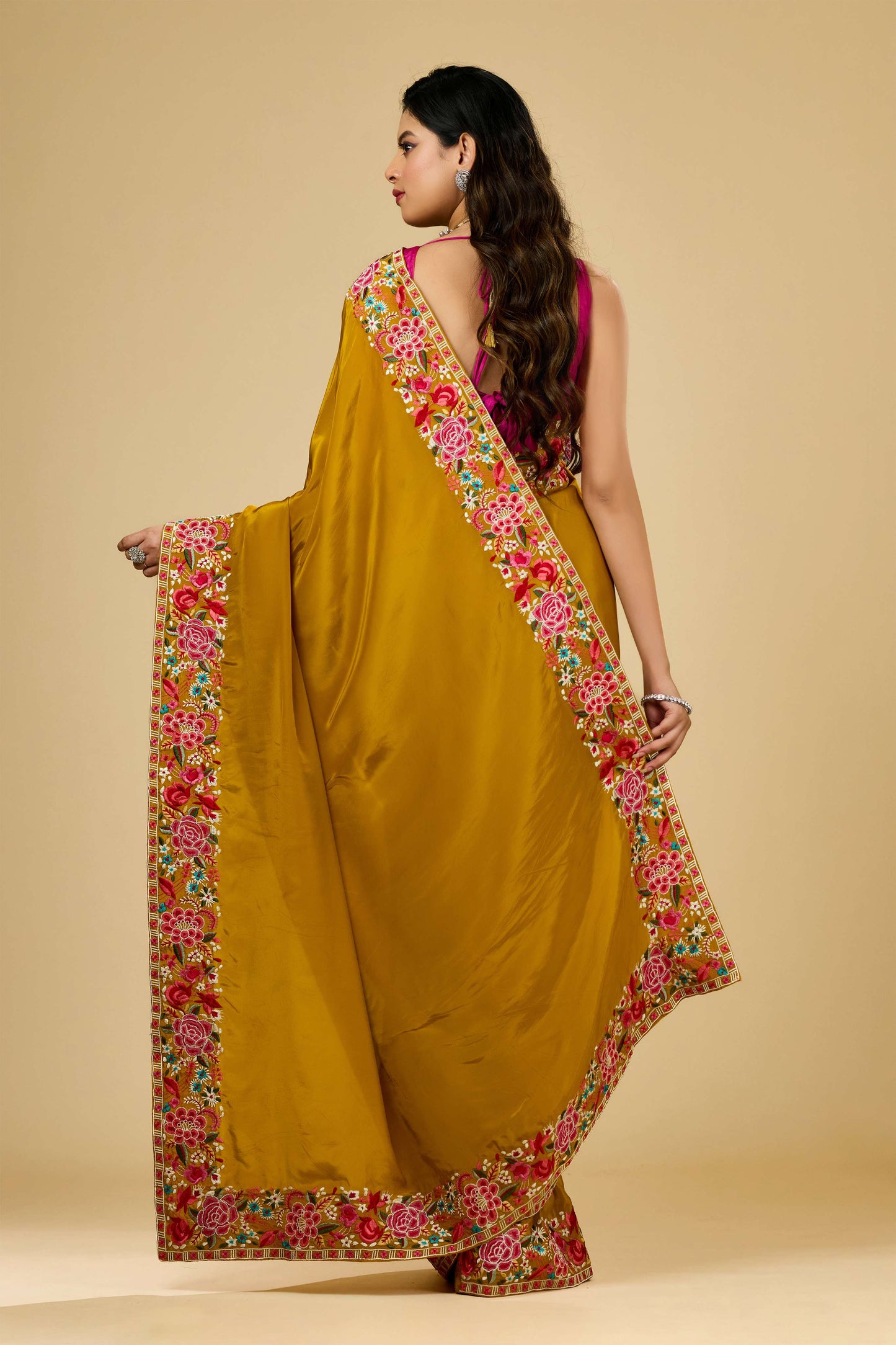 Yellow Embroidery Semi crepe Sarees 1007-10011