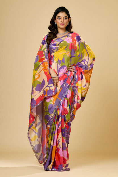 Printed Kutch work Semi crepe Sarees 1012-10033