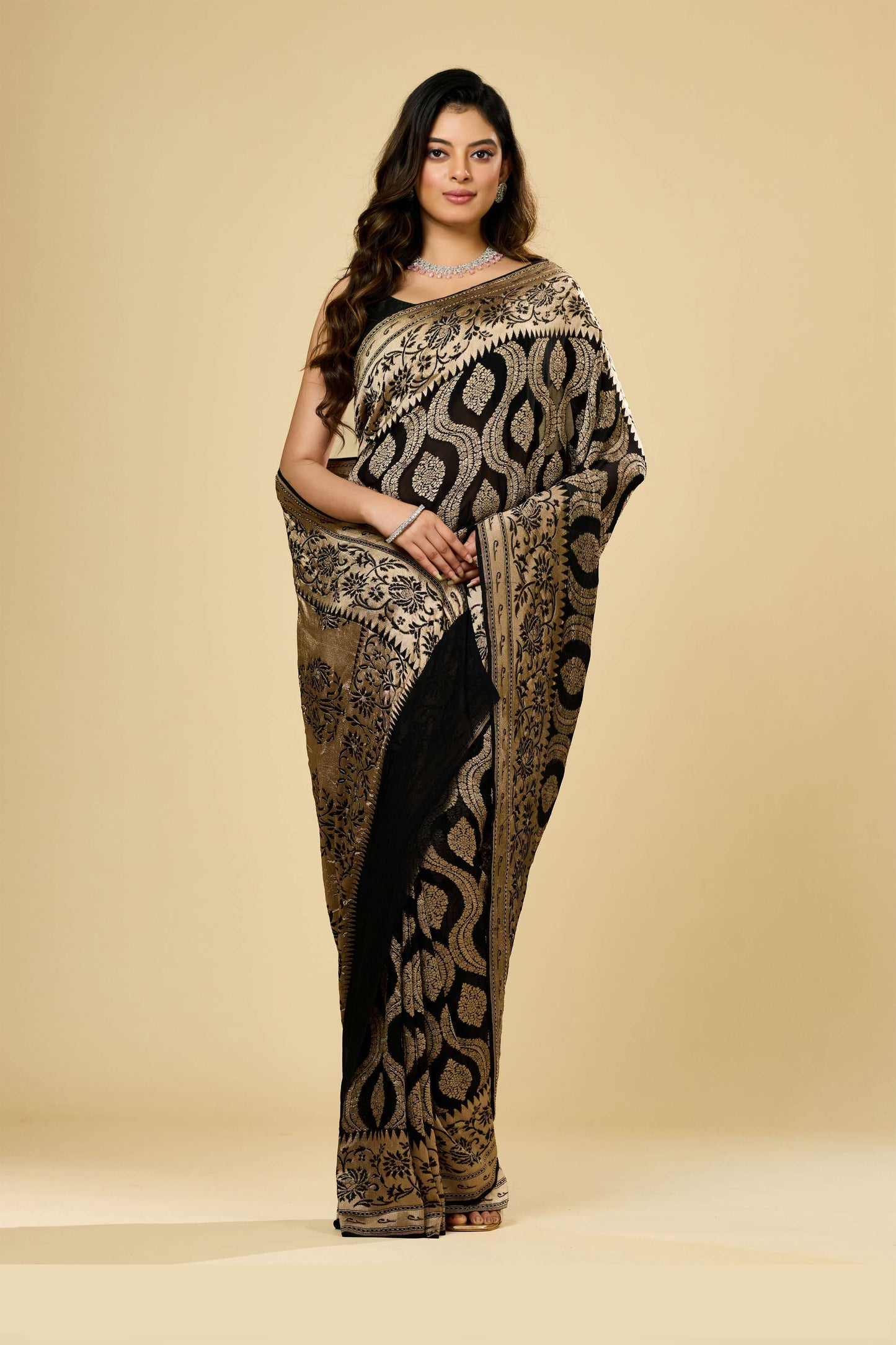 Black Golden Zari weave Khadi Georgette Sarees 1009-10025