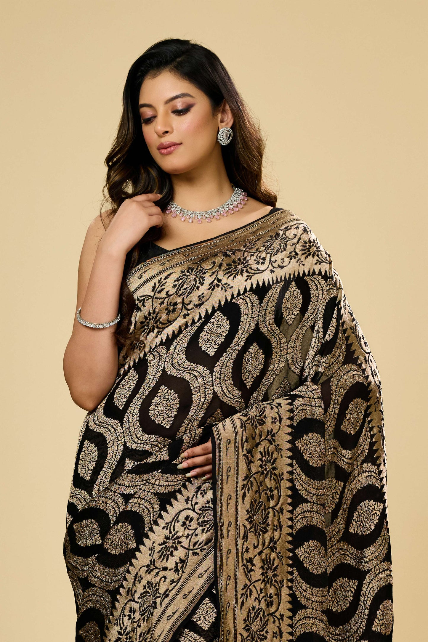 Black Golden Zari weave Khadi Georgette Sarees 1009-10025
