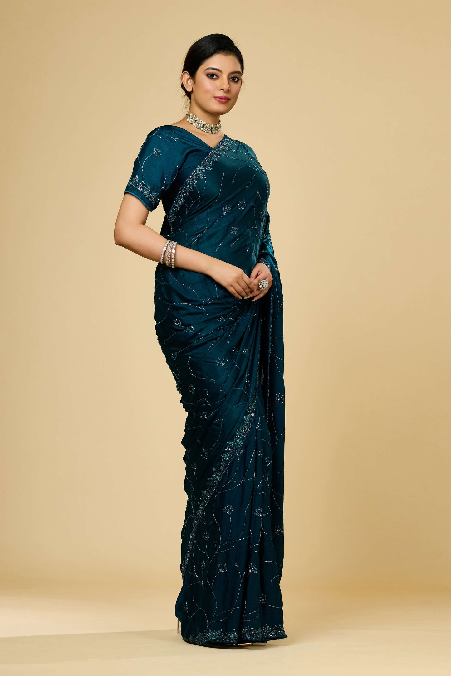 Indigo Embroidery Chinon Sarees 1007-10009