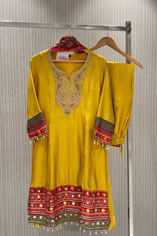 Yellow Zariwork Muslin Silk Salwar Suits 1005-10128