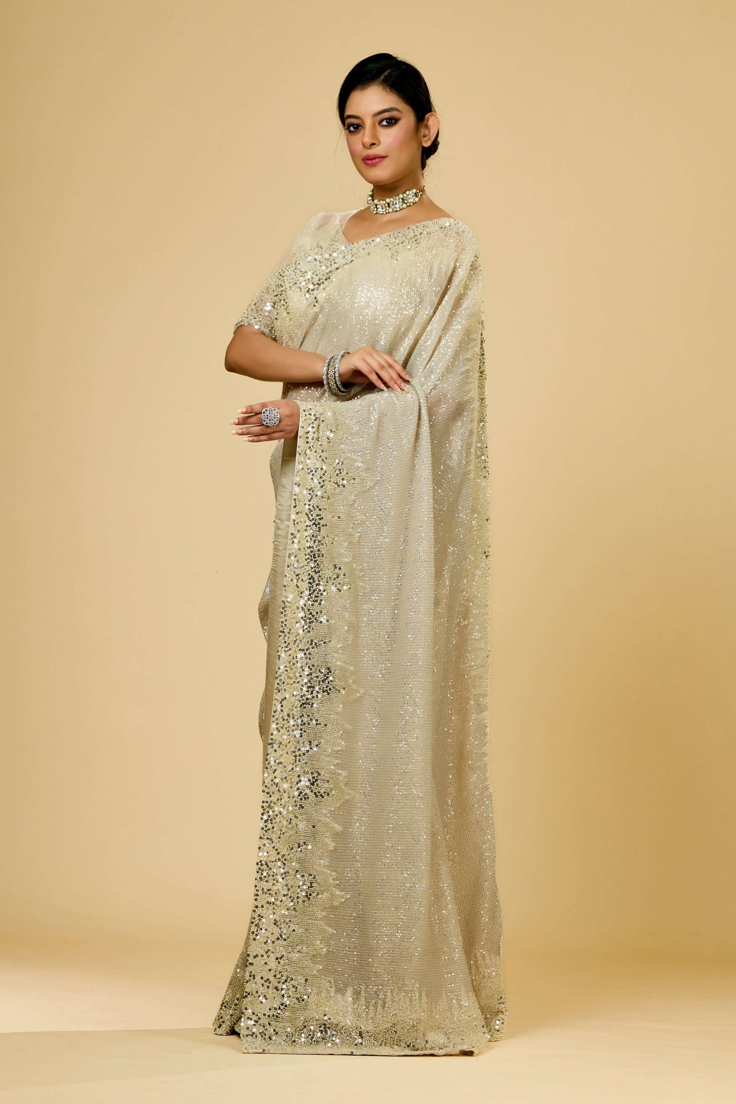 Cream Cut Dana Net Sarees 1003-10020