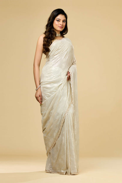 Cream Pearlwork Georgette Sarees 1011-10038