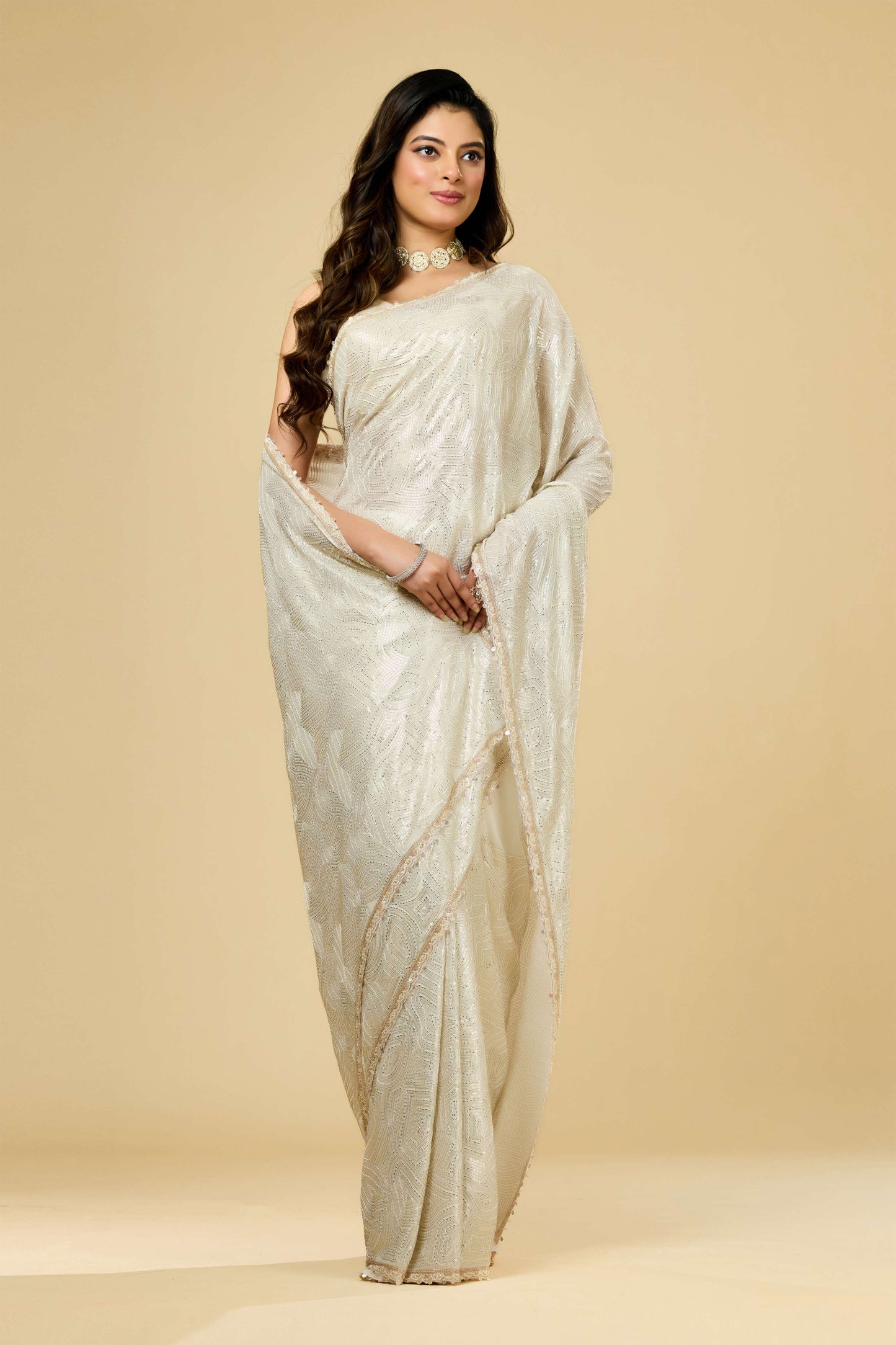 Cream Pearlwork Georgette Sarees 1011-10038