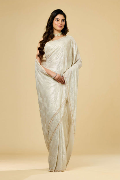 Cream Pearlwork Georgette Sarees 1011-10038