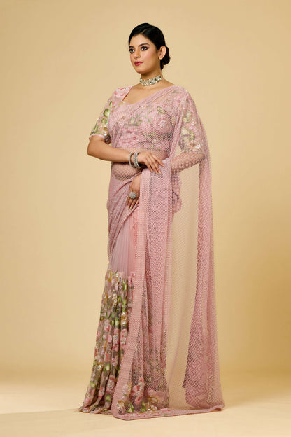Pink Threadwork / Resham work Lycra Mesh with stone Sarees 1003-10021