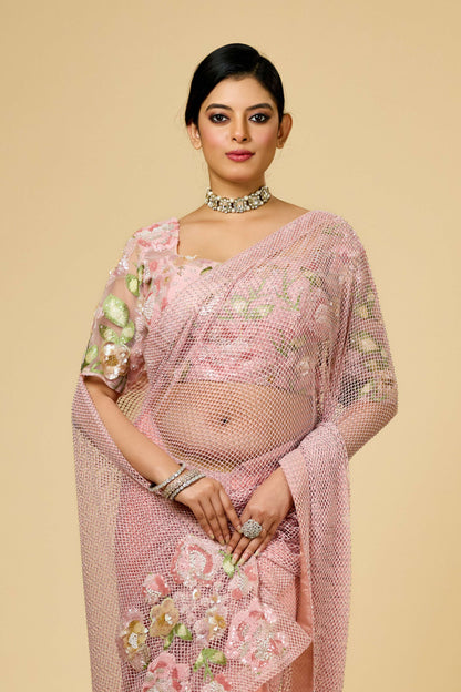 Pink Threadwork / Resham work Lycra Mesh with stone Sarees 1003-10021