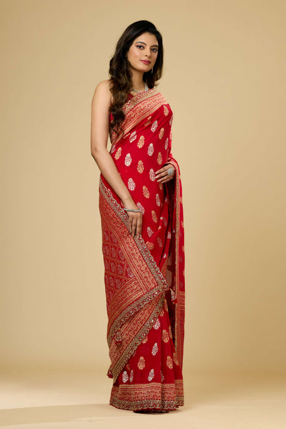 Red/Blue Golden Zari weave Khadi Georgette Sarees 1011-10030
