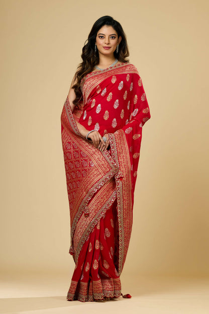 Red/Blue Golden Zari weave Khadi Georgette Sarees 1011-10030