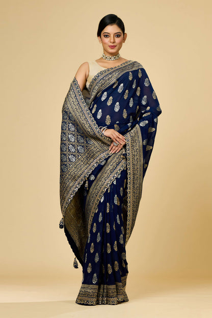 Red/Blue Golden Zari weave Khadi Georgette Sarees 1011-10030