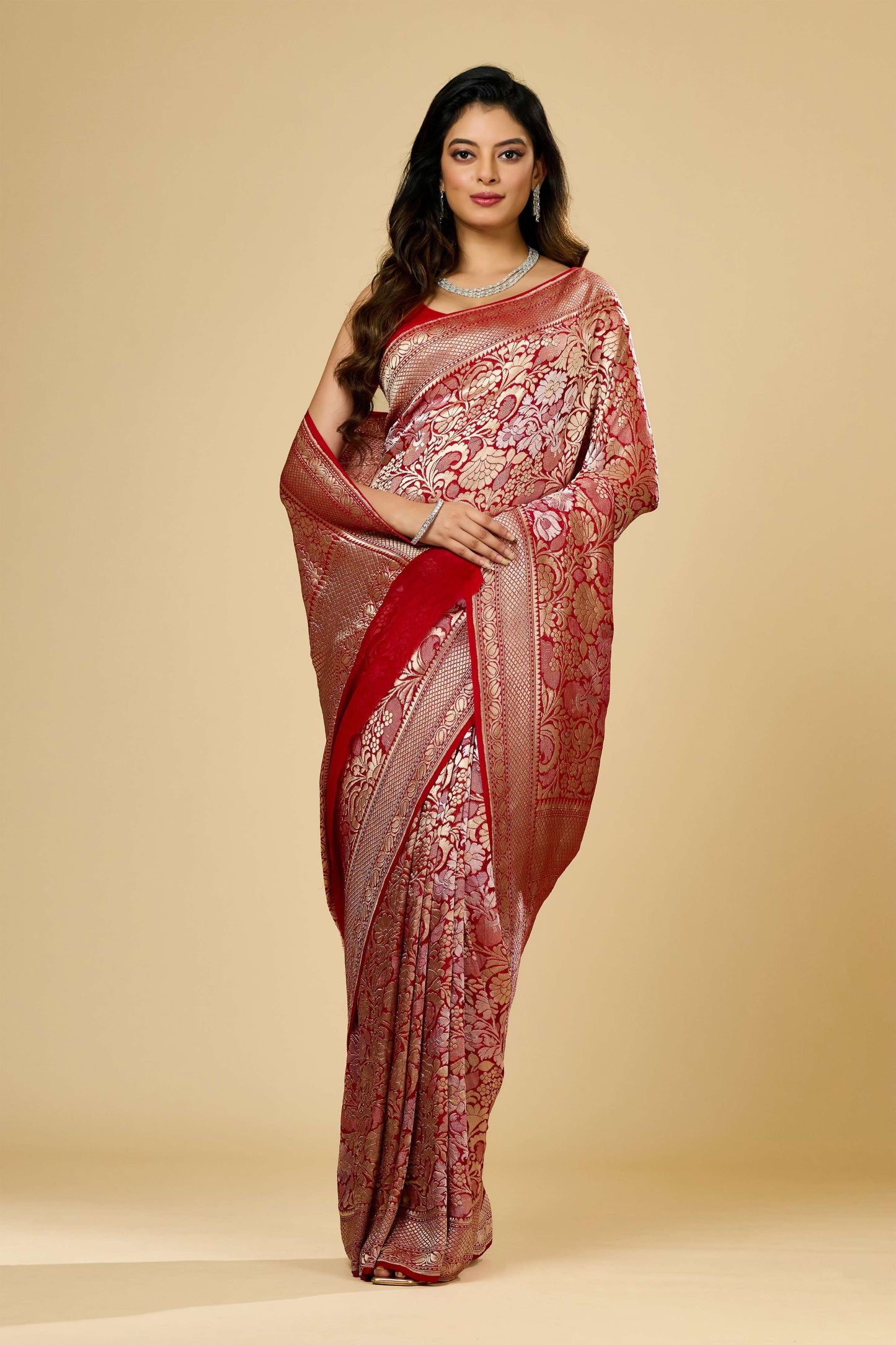 Red Golden Zari weave Khadi Georgette Sarees 1009-10024
