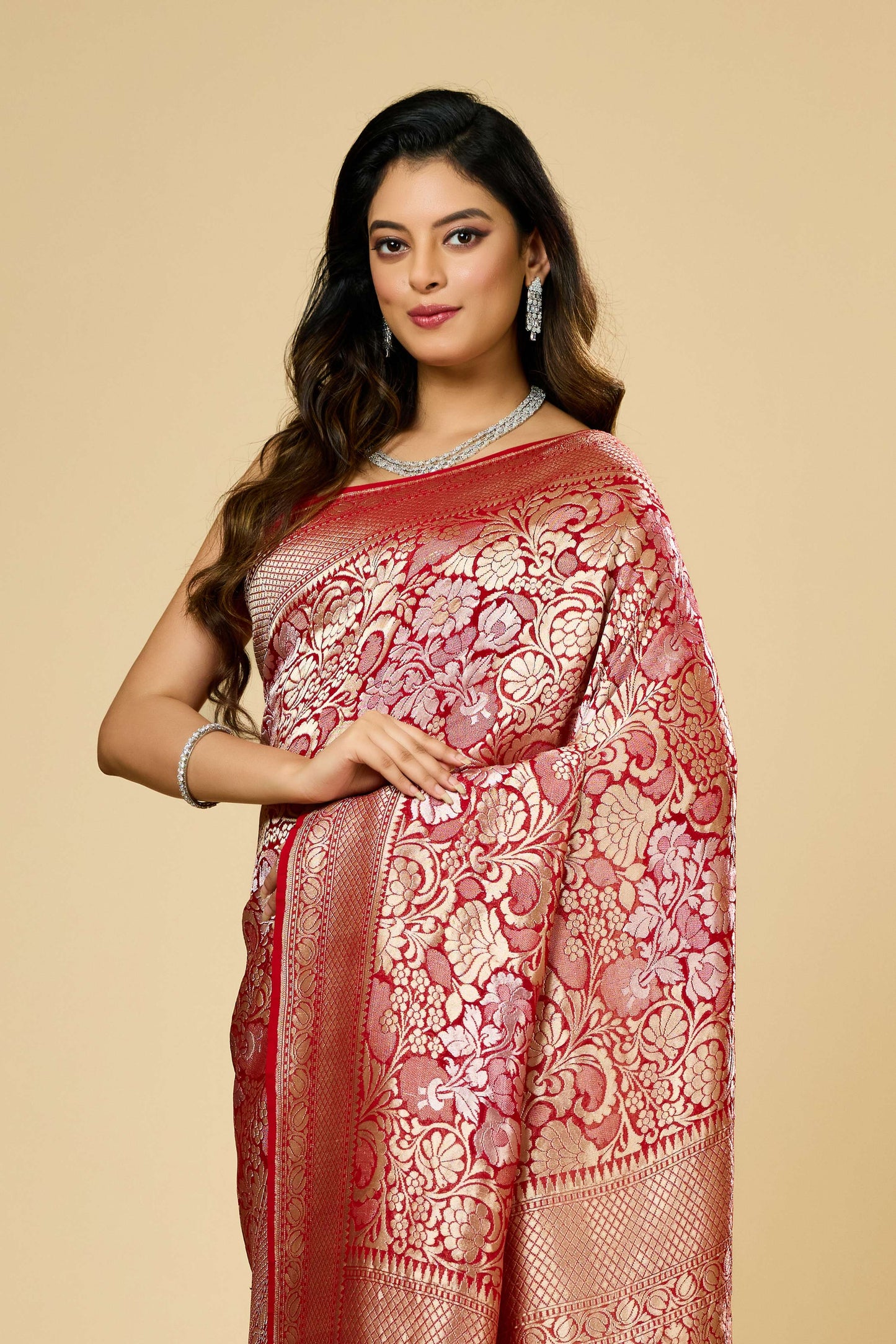 Red Golden Zari weave Khadi Georgette Sarees 1009-10024