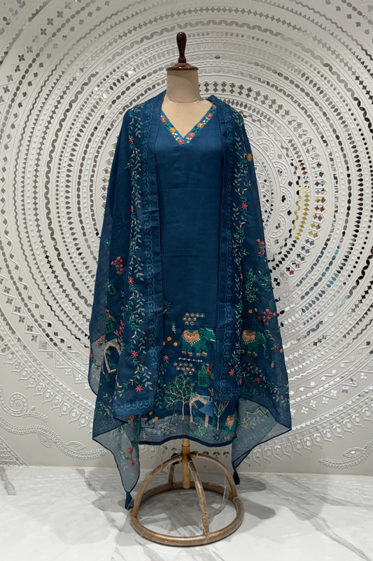 Blue  Kantha Stich  Linen  Salwar Suits 1005-10162