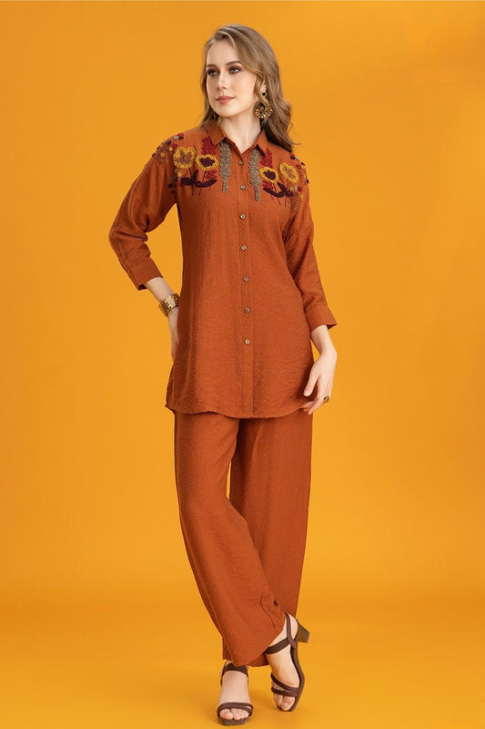 Orange Woolen thread work  Imported Linen Coord Set 1031-10139