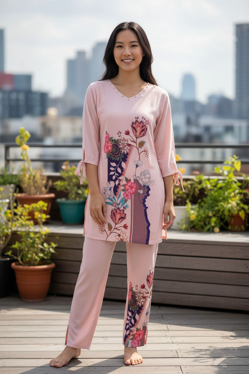 Pink  Printed Muslin Coord Set 1033-10149