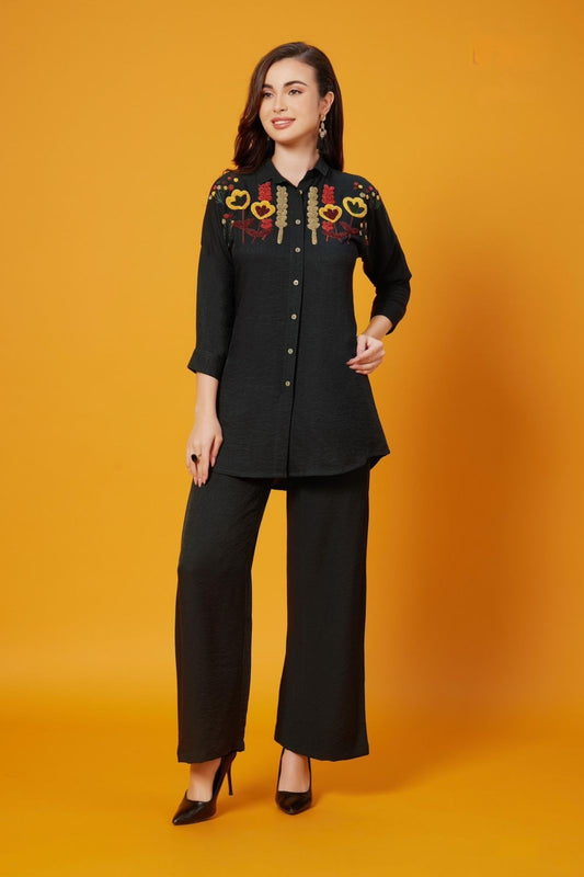 Black Woolen thread work  Imported Linen Coord Set 1031-10139