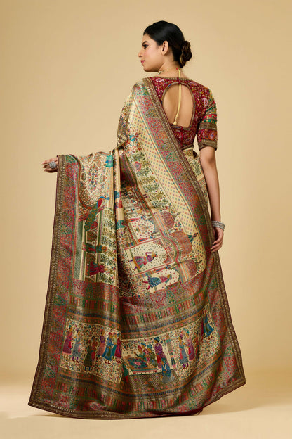 Cream Position Print Silk Sarees 1008-10022