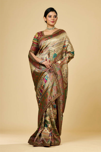 Cream Position Print Silk Sarees 1008-10022