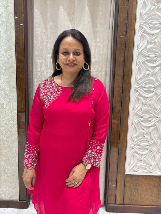Red Chinon Moti Handwork Coord Set 1009