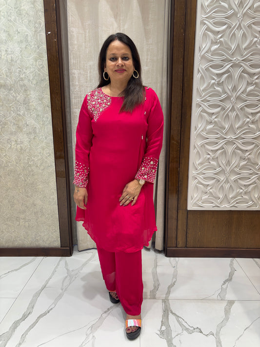 Red Chinon Moti Handwork Coord Set 1009