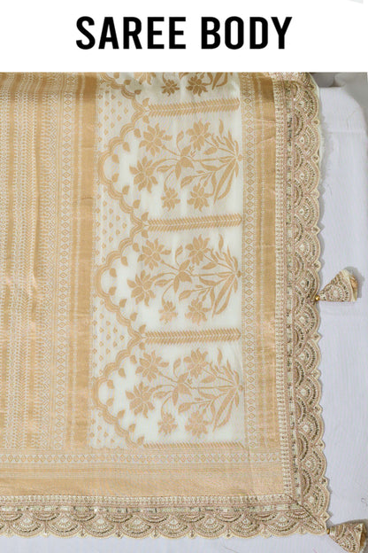 Cream Golden Zari weave Georgette Sarees 1011-10028