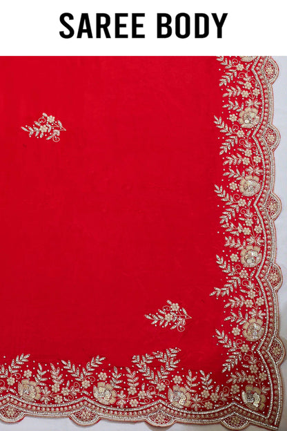 Red Pearlwork Semi crepe Sarees 1007-10005