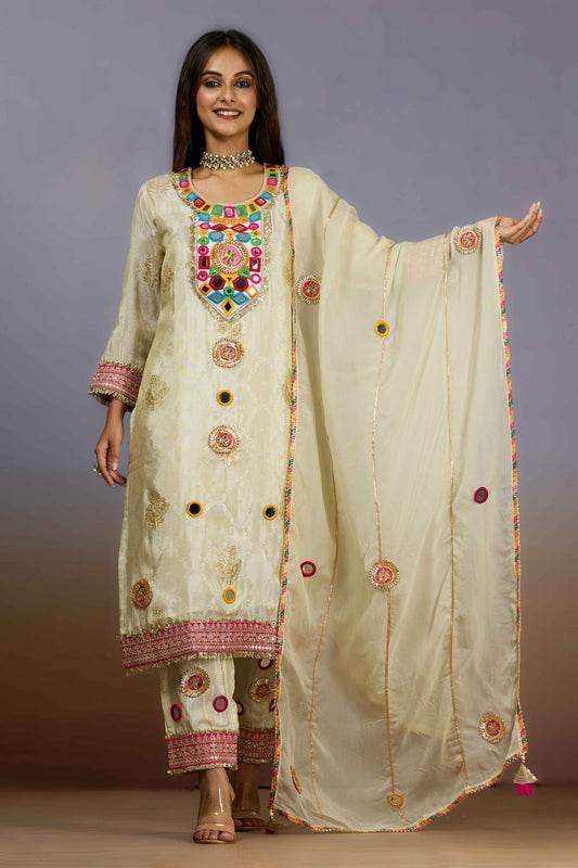 Cream mirrorwork Tissue Salwar Suits 1019-10102