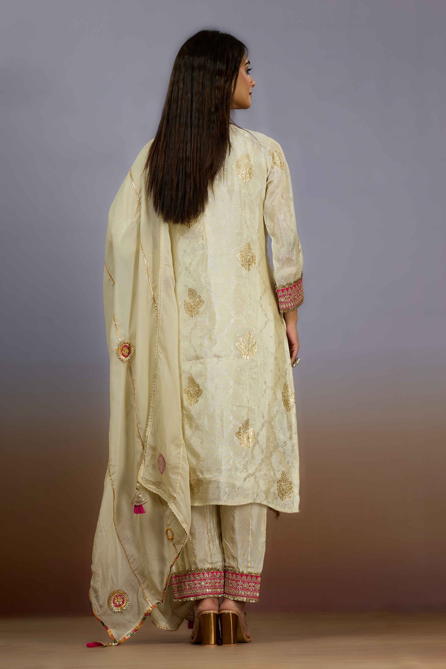 Cream mirrorwork Tissue Salwar Suits 1019-10102