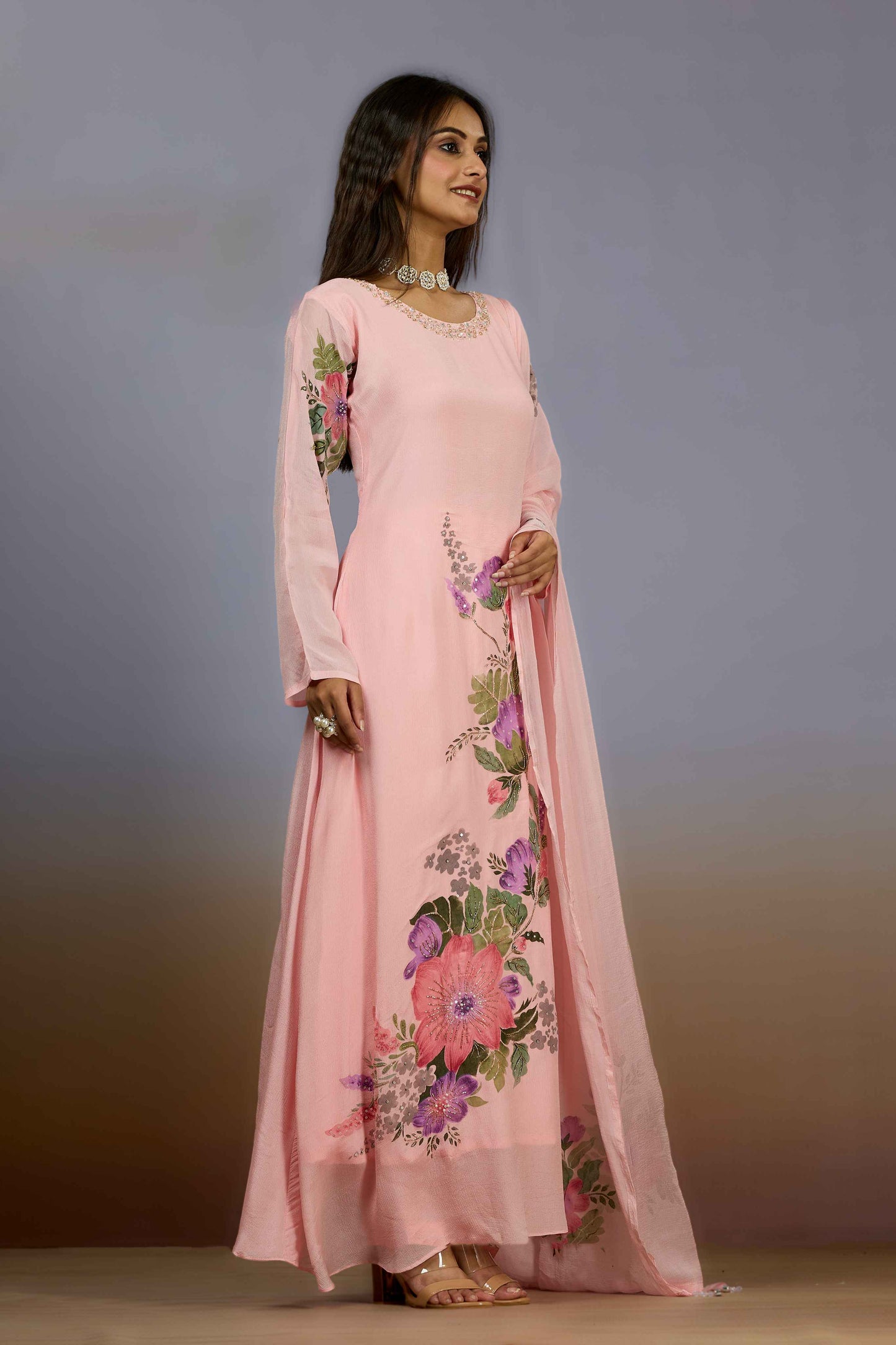 Peach Pearlwork Chinon Salwar Suits 1017-10115