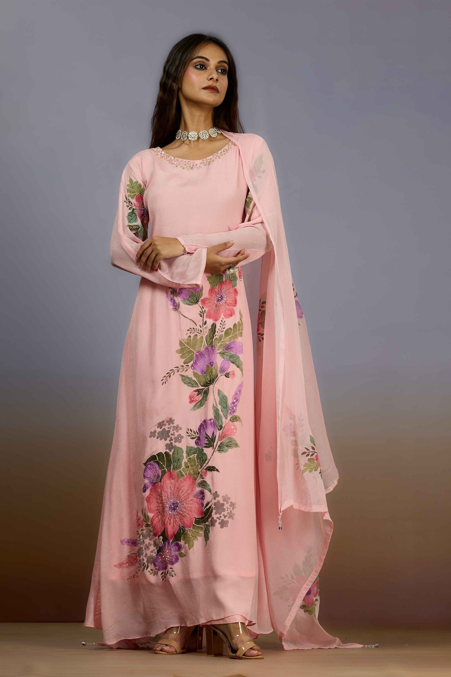 Peach Pearlwork Chinon Salwar Suits 1017-10115