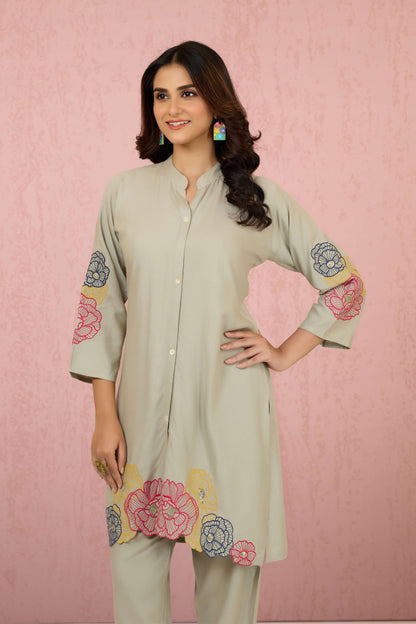 Grey Embroidery Rayon Coord Set 1013-10049
