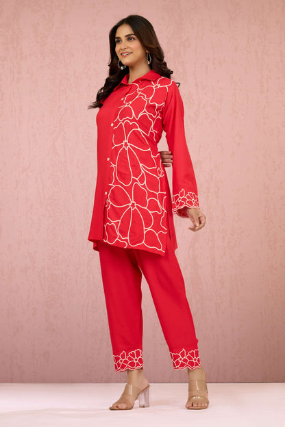 Red Embroidery Rayon Coord Set 1013-10056