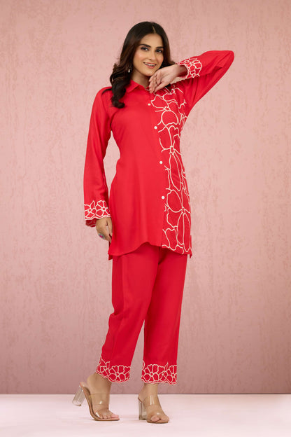 Red Embroidery Rayon Coord Set 1013-10056