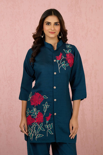 Indigo Embroidery Slub Cotton Coord Set 1013-10046