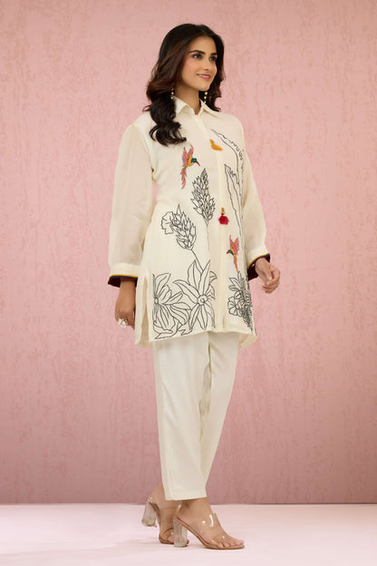 White Embroidery Mul Chanderi Coord Set 1014-10043