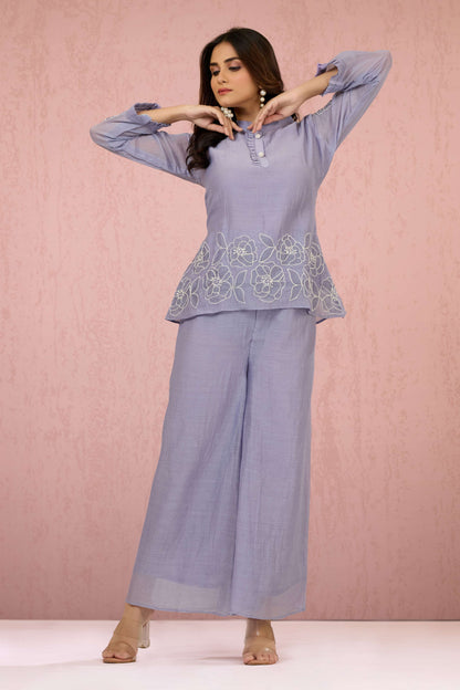 Mauve Pearlwork Mul Chanderi Coord Set 1014-10048