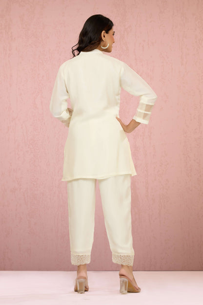 White Pearlwork Dola Silk Coord Set 1014-10042