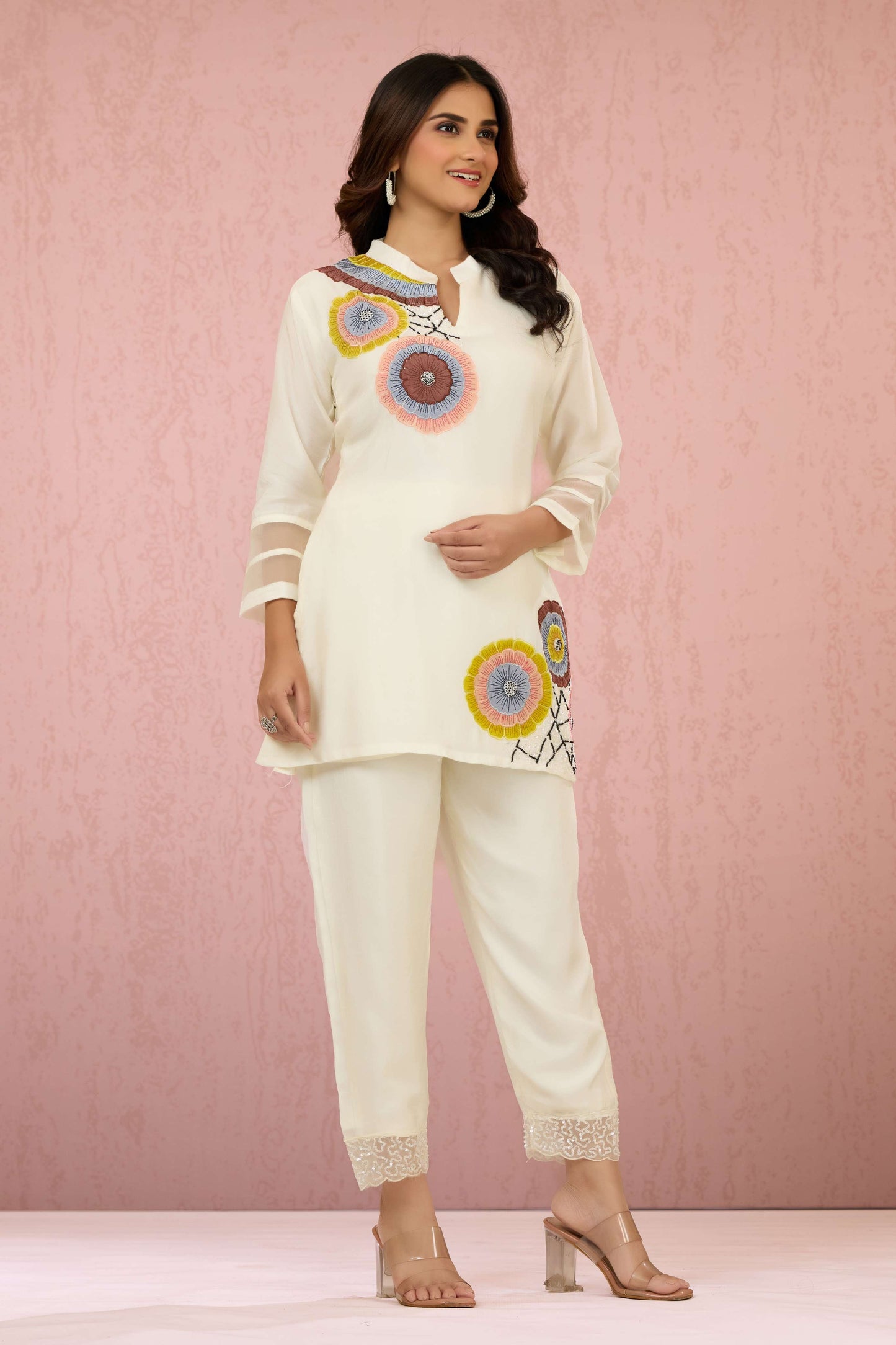 White Pearlwork Dola Silk Coord Set 1014-10042