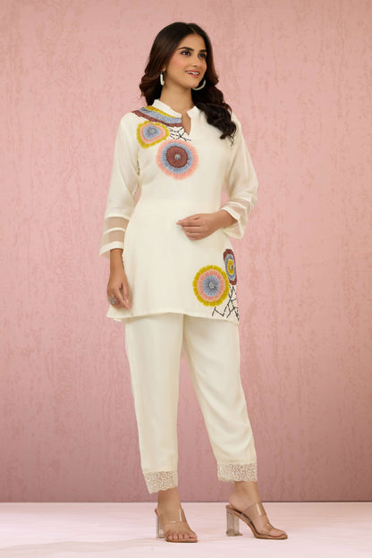 White Pearlwork Dola Silk Coord Set 1014-10042