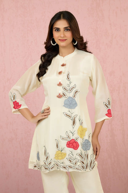 Cream Pearlwork HO silk Coord Set 1014-10055