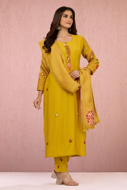 Yellow Embroidery Roman Silk Salwar Suits 1013-10041