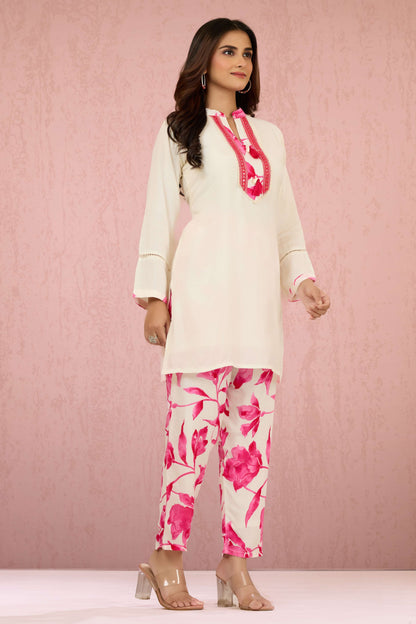 Cream Kutch work Muslin Coord Set 1013-10054