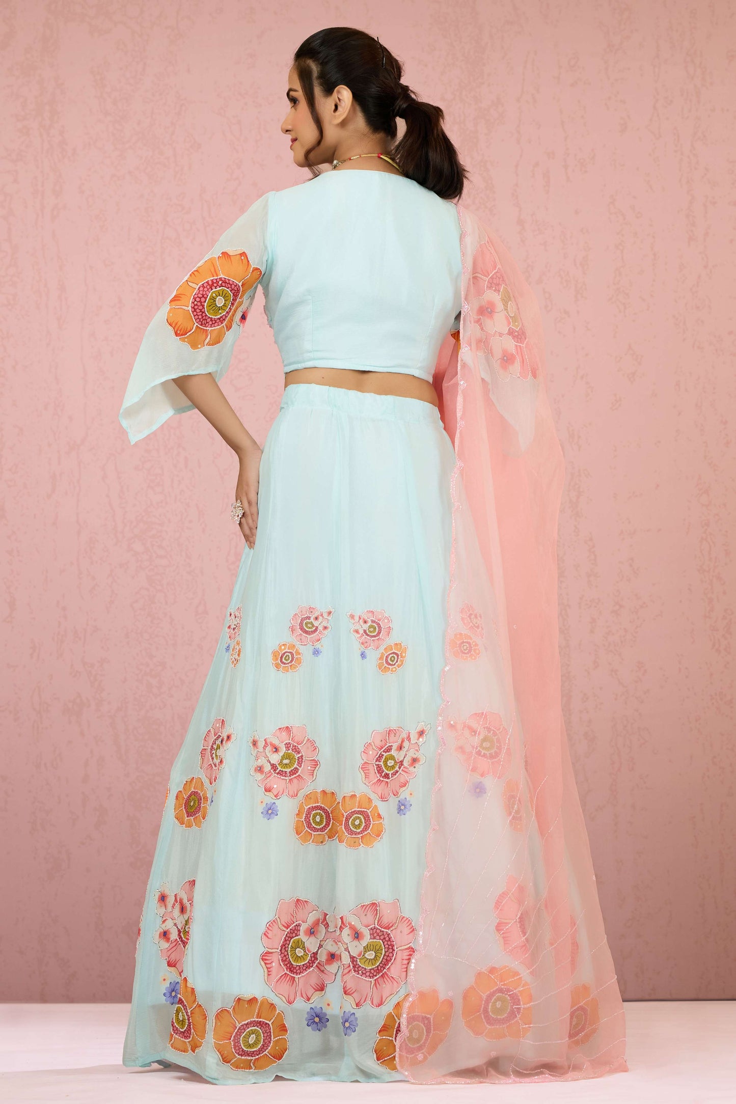 Skyblue Sequins Chinon Readymade Lehenga 1014-10073