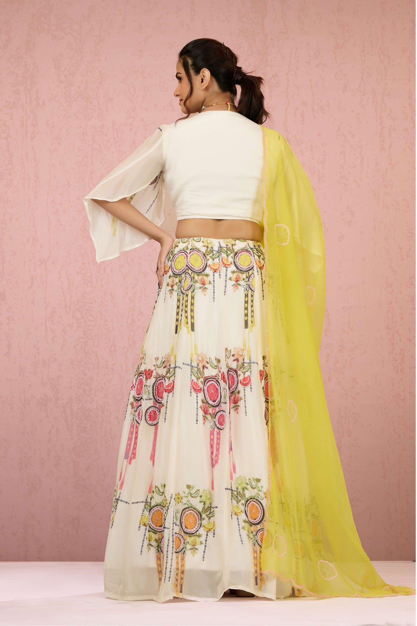 Cream Sequins Chinon Readymade Lehenga 1014-10074