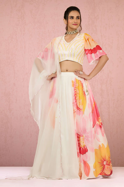 Cream Sequins Chinon Readymade Lehenga 1014-10077