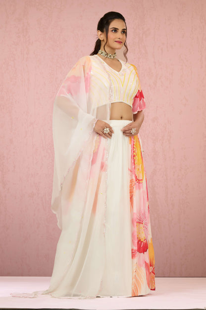 Cream Sequins Chinon Readymade Lehenga 1014-10077