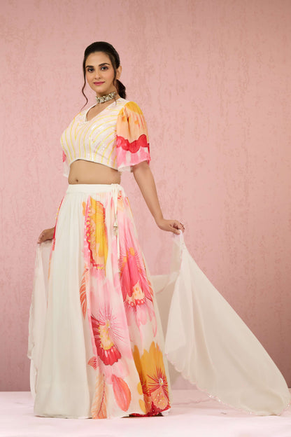 Cream Sequins Chinon Readymade Lehenga 1014-10077
