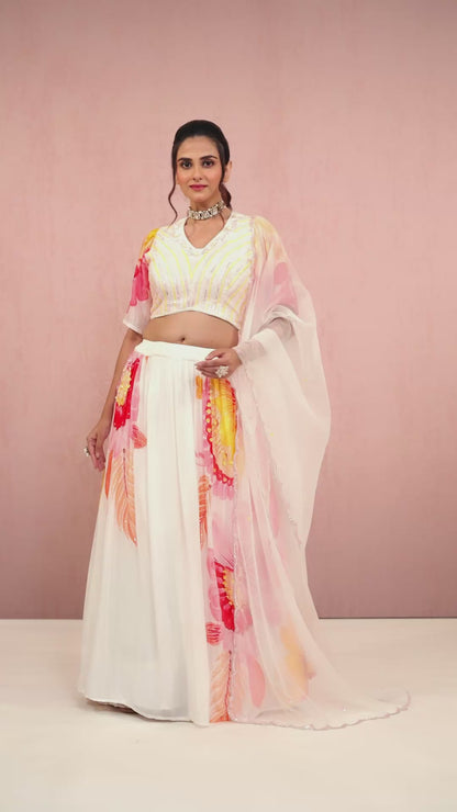 Cream Sequins Chinon Readymade Lehenga 1014-10077